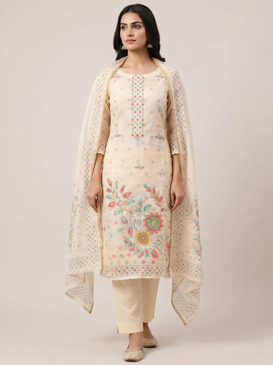 Peachmode Cream Kota Doria Dress Material with Floral Print - Image 1