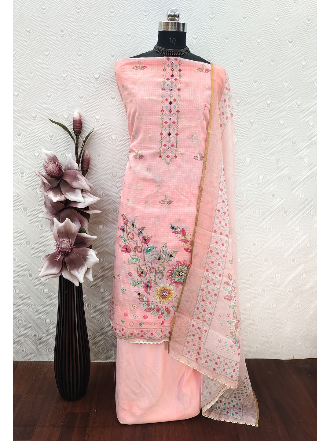 Peachmode Pink Kota Doria Dress Material with Floral - Image 2