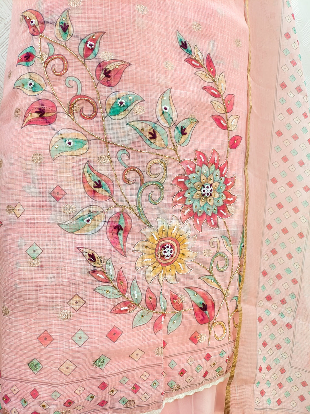 Peachmode Pink Kota Doria Dress Material with Floral - Image 3