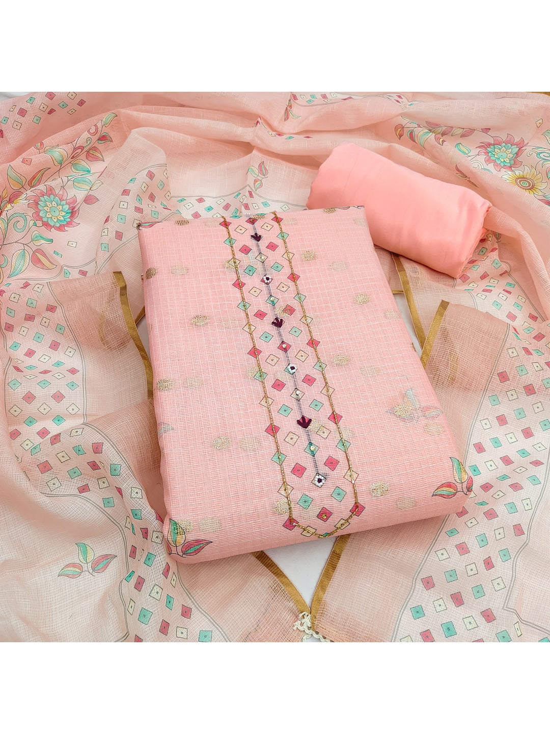 Peachmode Pink Kota Doria Dress Material with Floral - Image 4