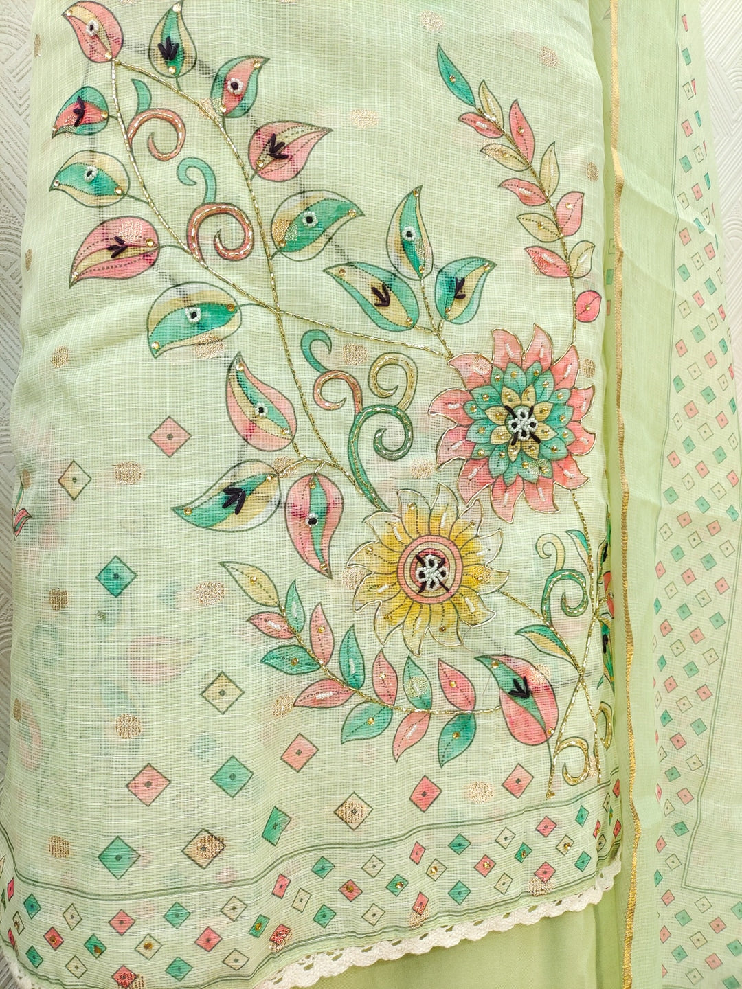 Peachmode Green Kota Doria Dress Material with Floral - Image 3