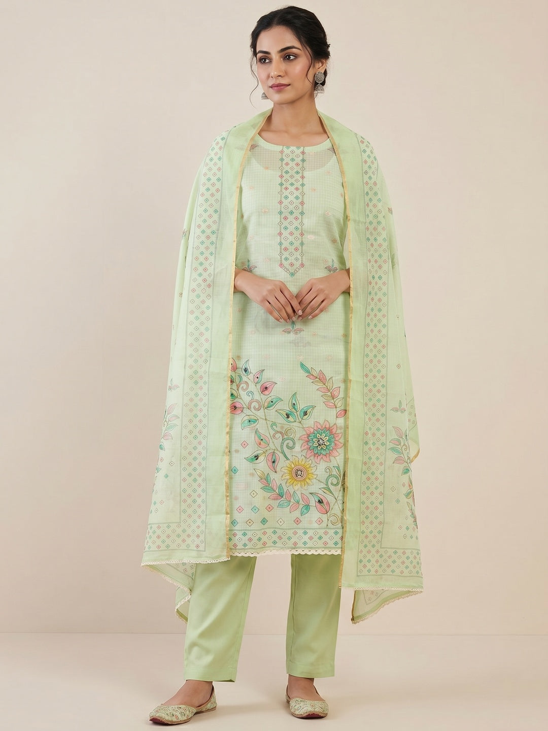 Peachmode Green Kota Doria Dress Material with Floral - Image 1