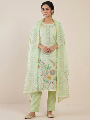 Peachmode Green Kota Doria Dress Material with Floral - Image 1