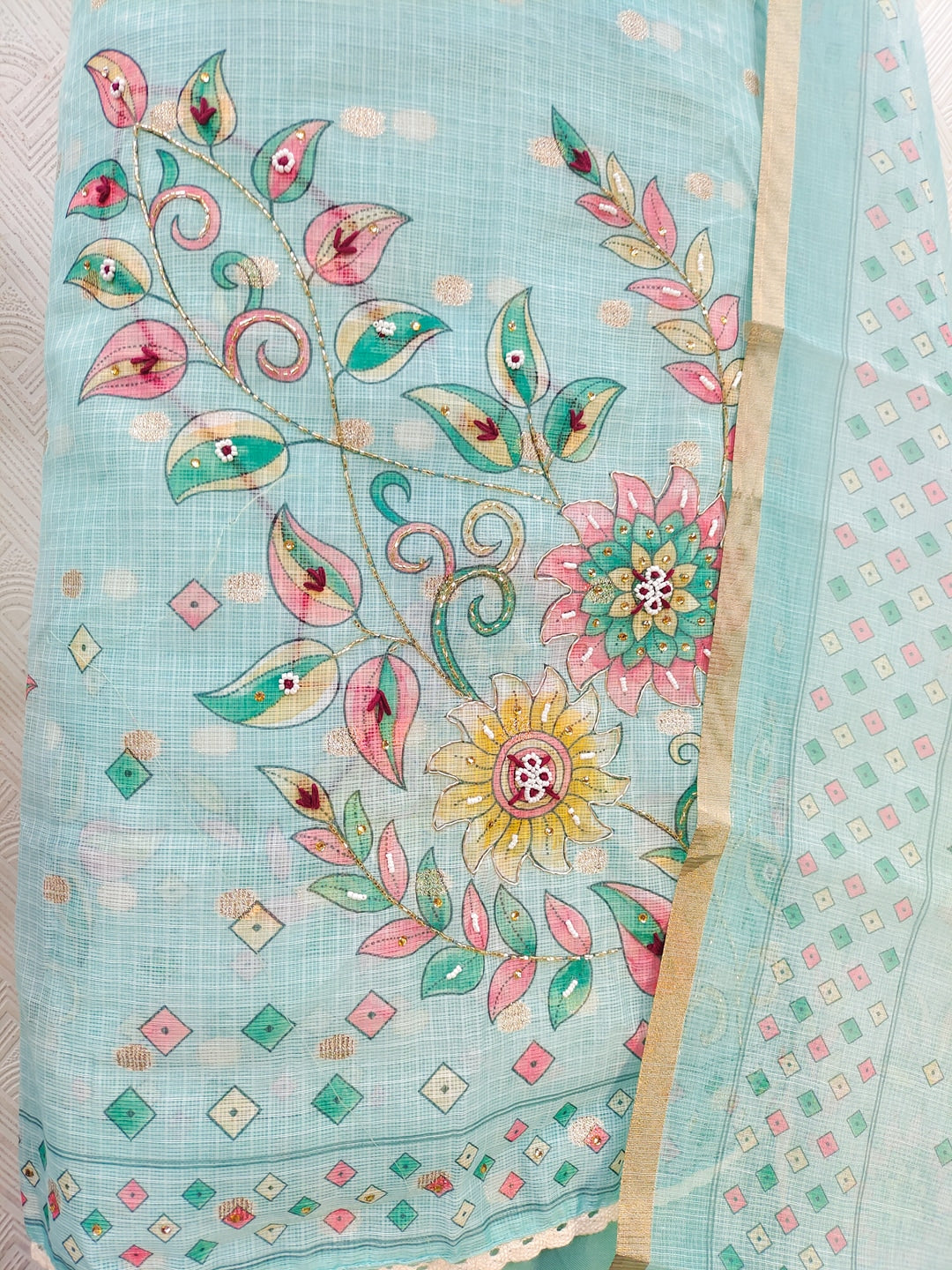 Peachmode Turquoise Kota Doria Dress Material with Floral Print - Image 3