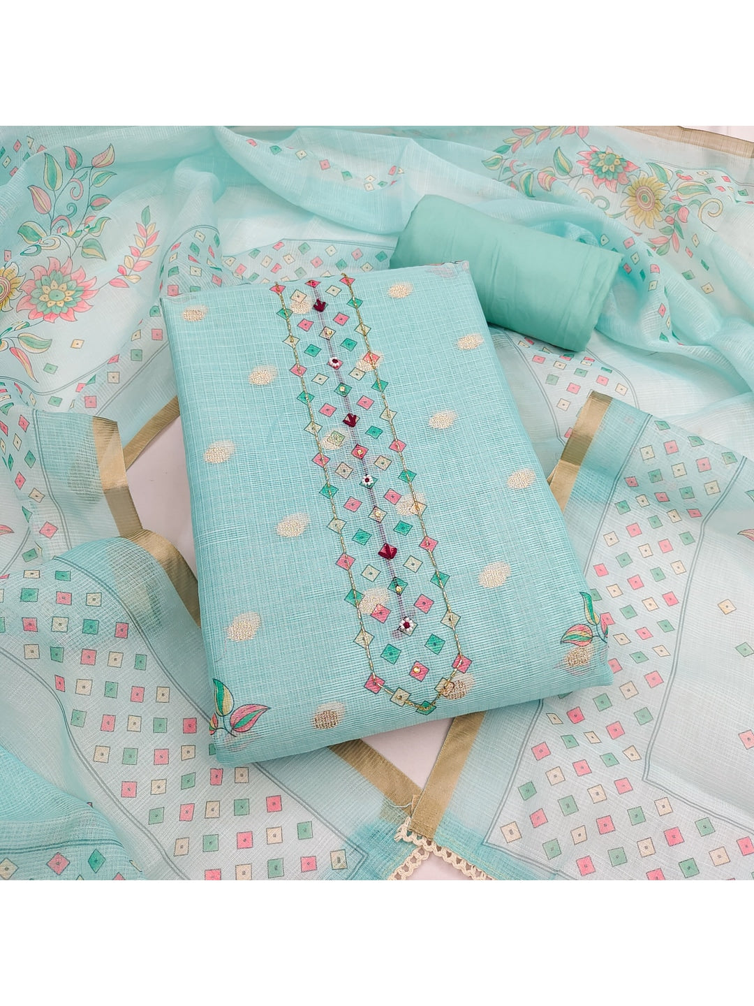 Peachmode Turquoise Kota Doria Dress Material with Floral Print - Image 4