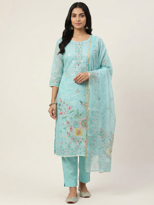 Peachmode Turquoise Kota Doria Dress Material with Floral Print - Image 1