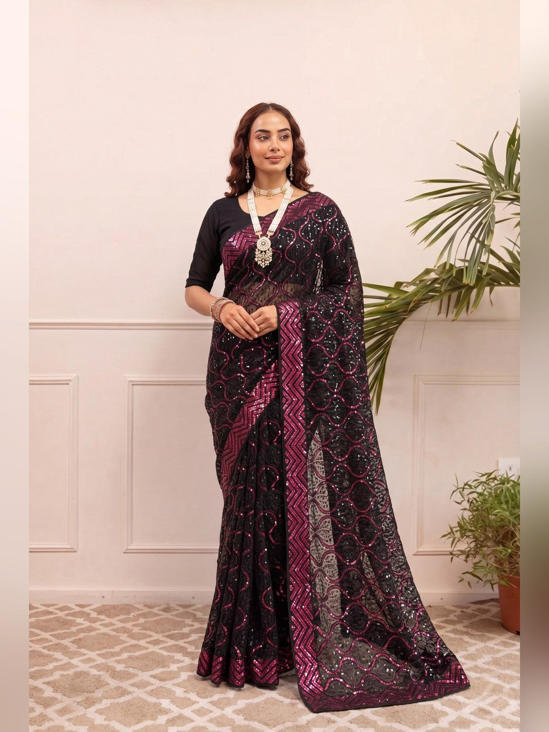 Peachmode Black & Magenta Georgette Saree with Sequins Embroidery - Image 1
