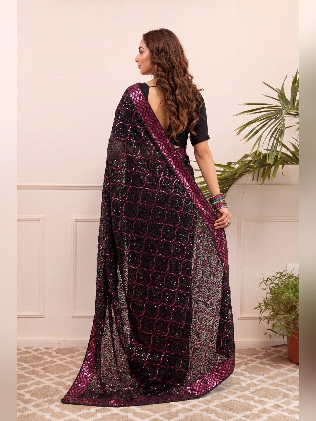Peachmode Black & Magenta Georgette Saree with Sequins Embroidery - Image 3
