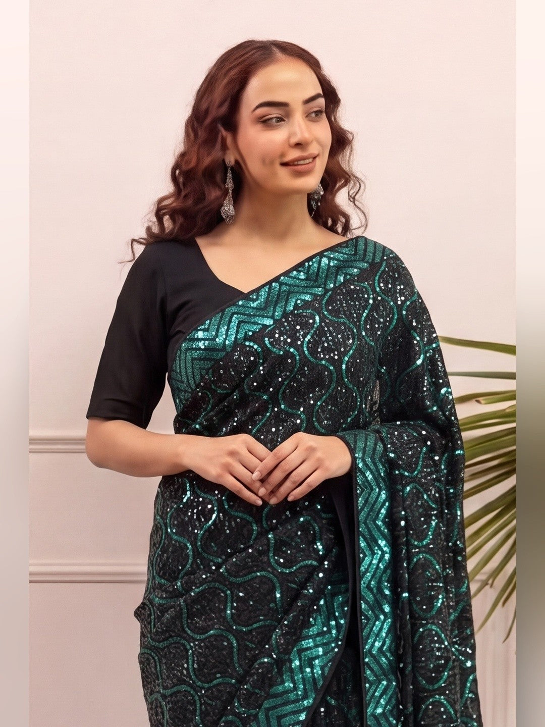 Peachmode Black & Teal Georgette Saree with Sequins Embroidery - Image 4