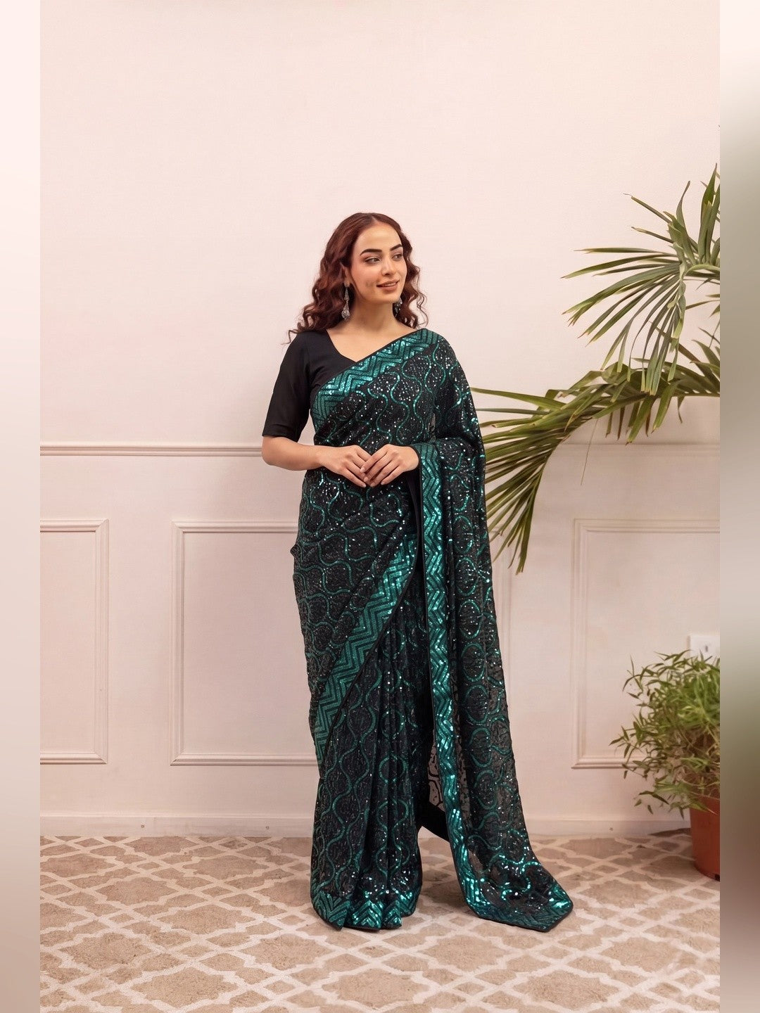 Peachmode Black & Teal Georgette Saree with Sequins Embroidery - Image 5