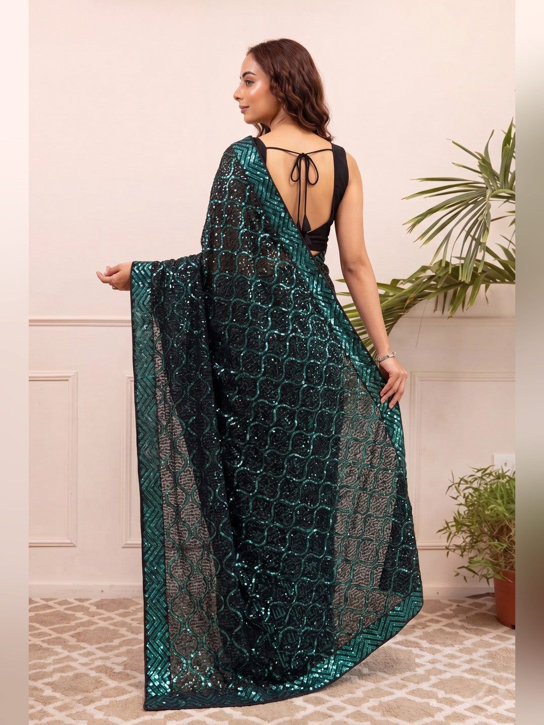 Peachmode Black & Teal Georgette Saree with Sequins Embroidery - Image 6