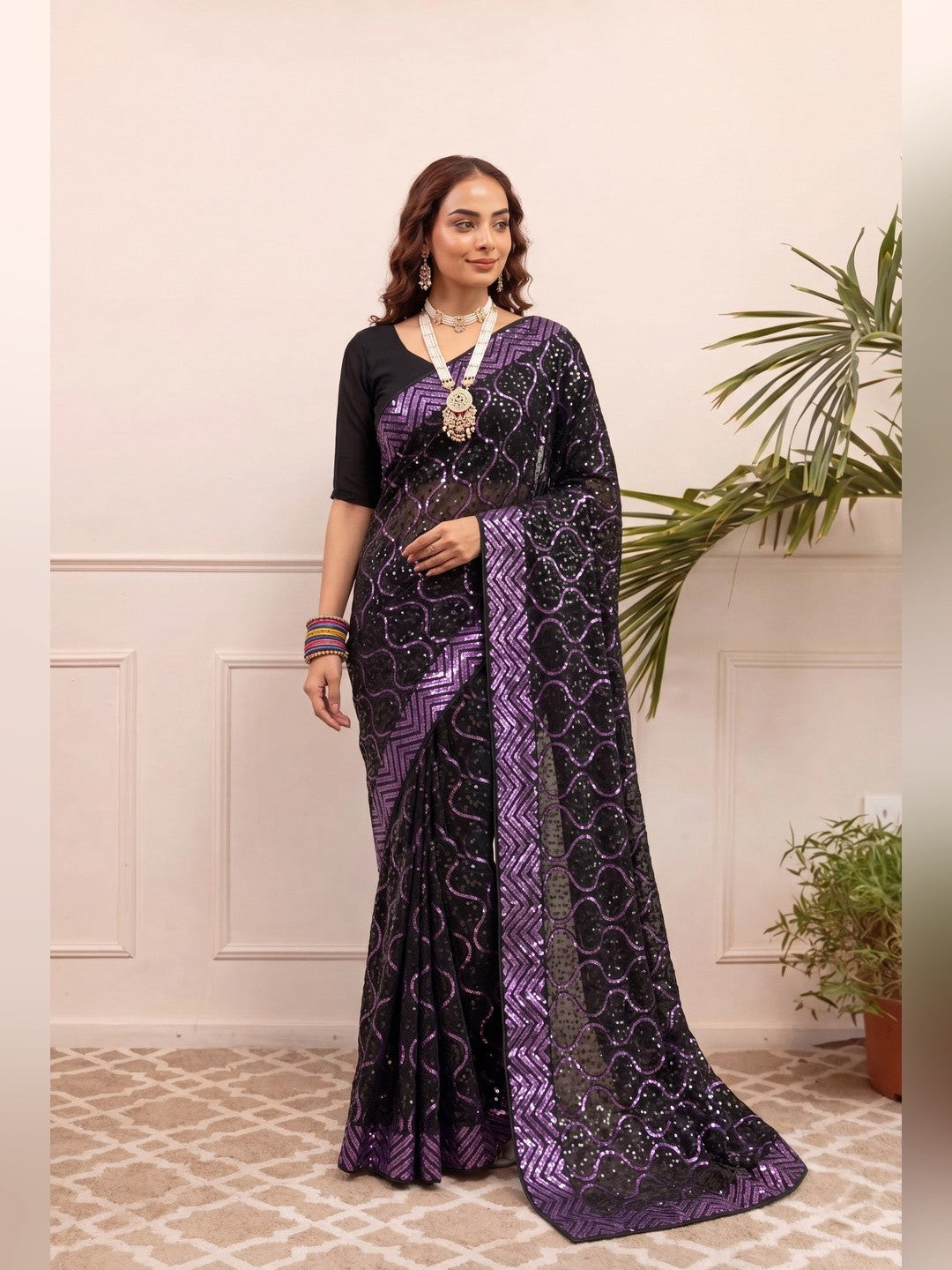 Peachmode Black & Purple Georgette Saree with Sequins Embroidery - Image 4