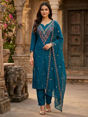 Peachmode Blue Art Silk Dress Material with Floral Embroidery - Image 1