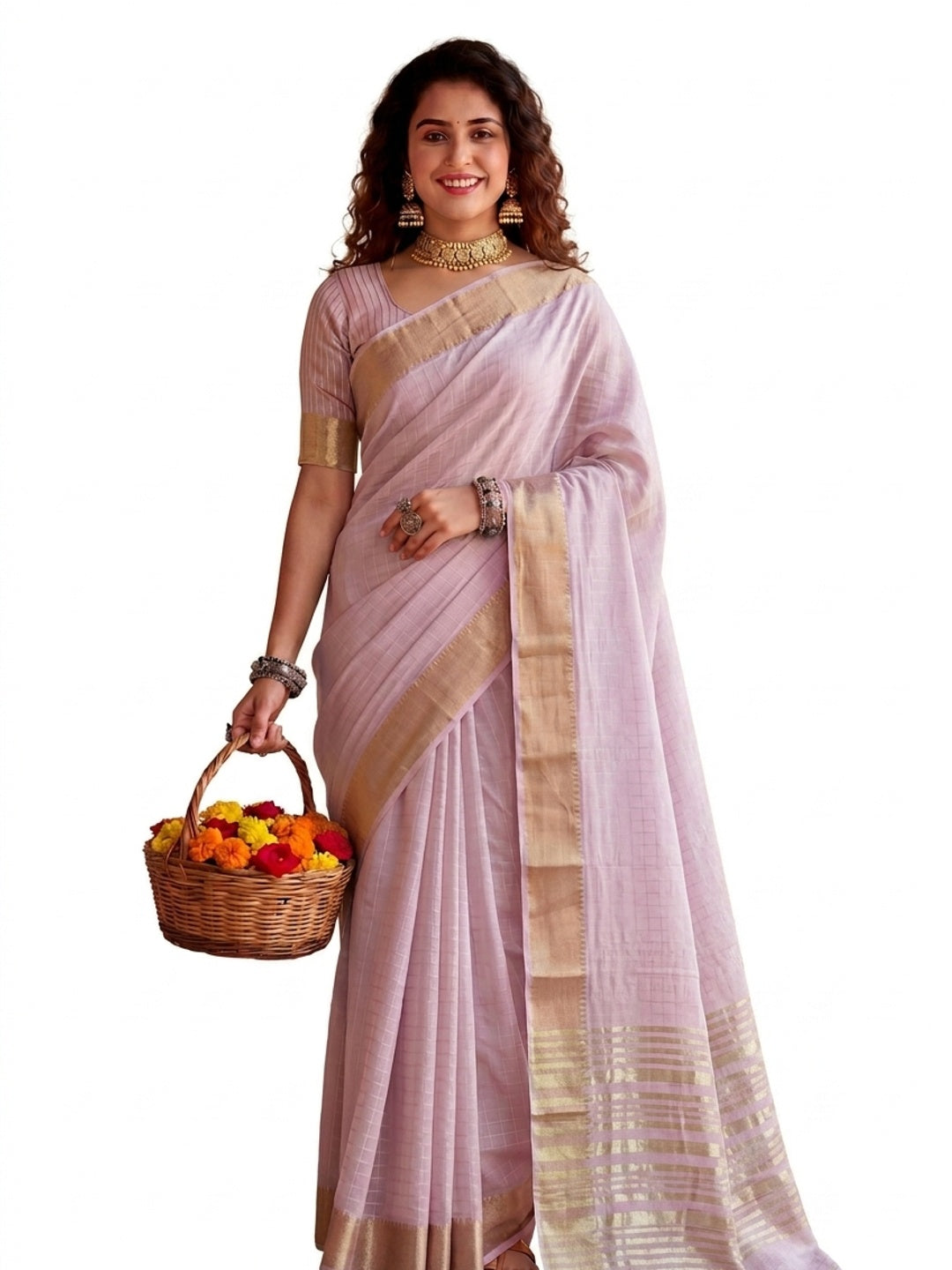 Peachmode Lavender Linen Cotton Silk Zari Saree - Image 5