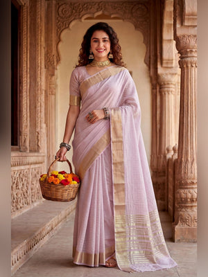 Peachmode Lavender Linen Cotton Silk Zari Saree - Image 1