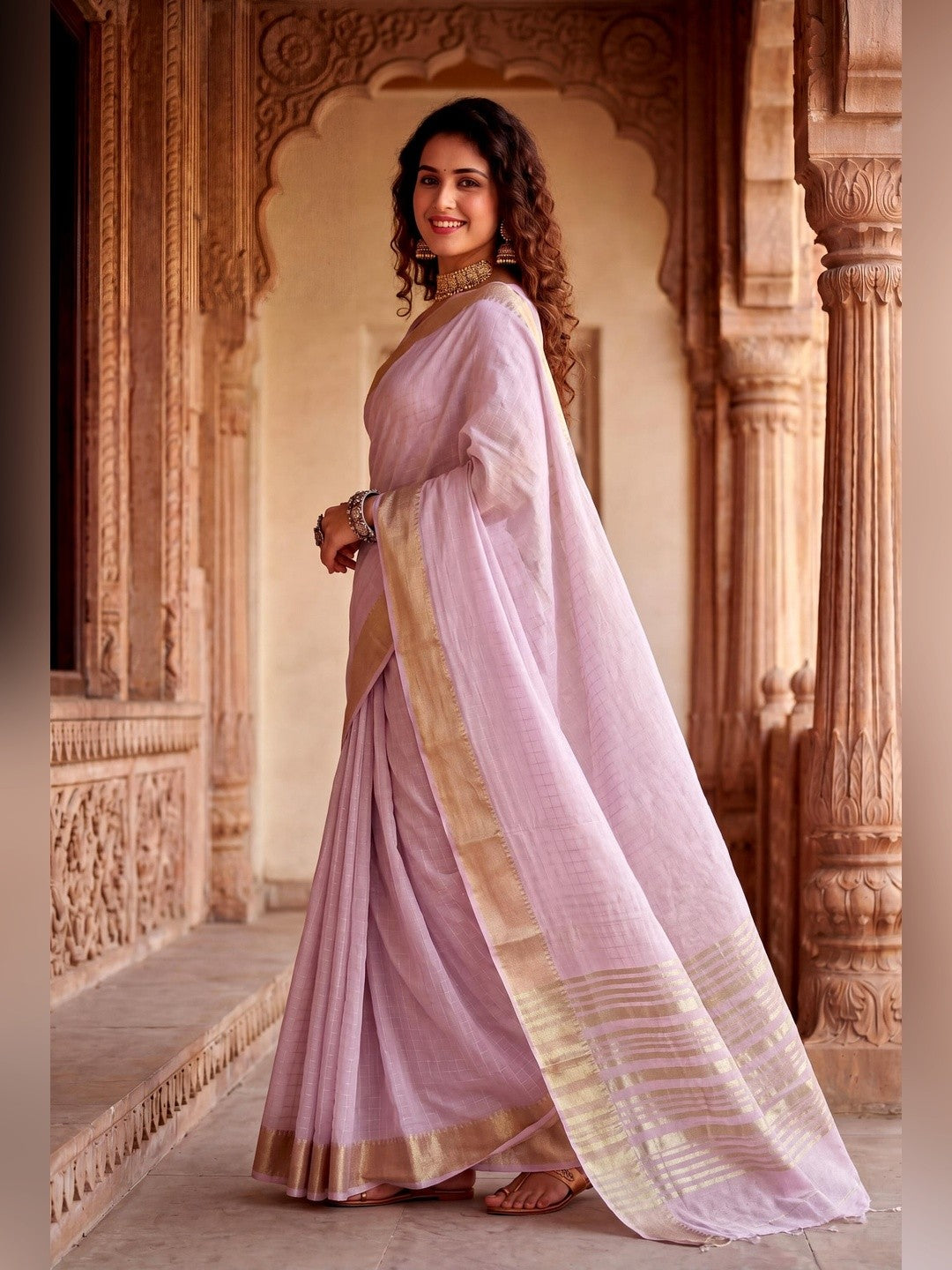 Peachmode Lavender Linen Cotton Silk Zari Saree - Image 3