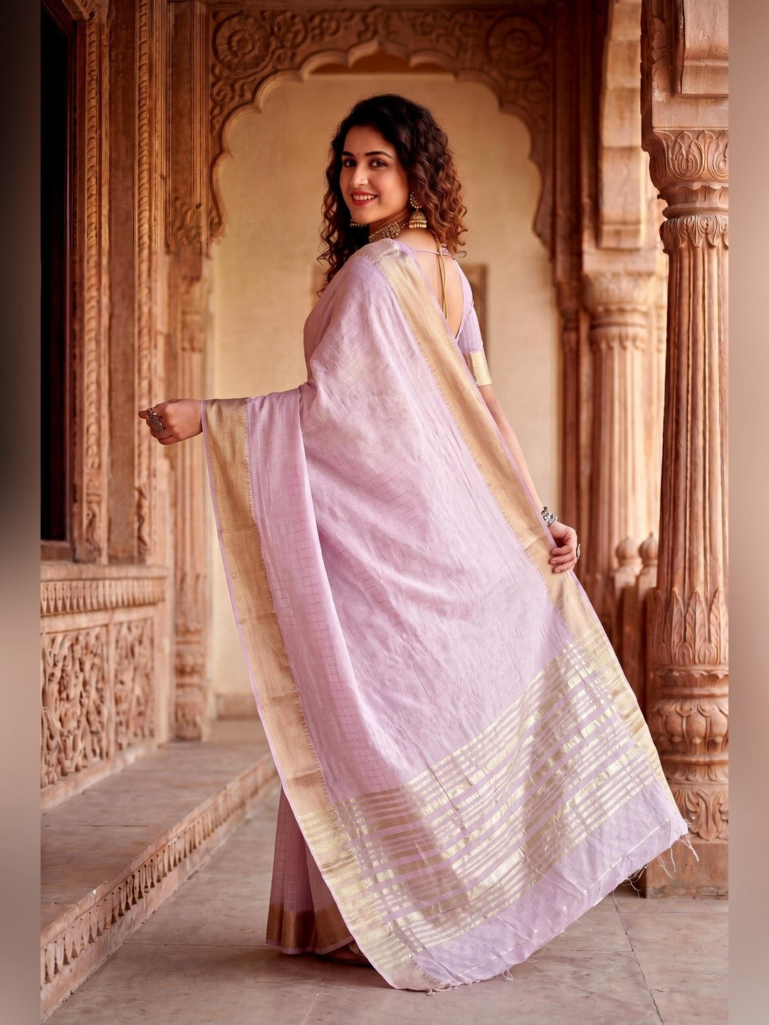 Peachmode Lavender Linen Cotton Silk Zari Saree - Image 4