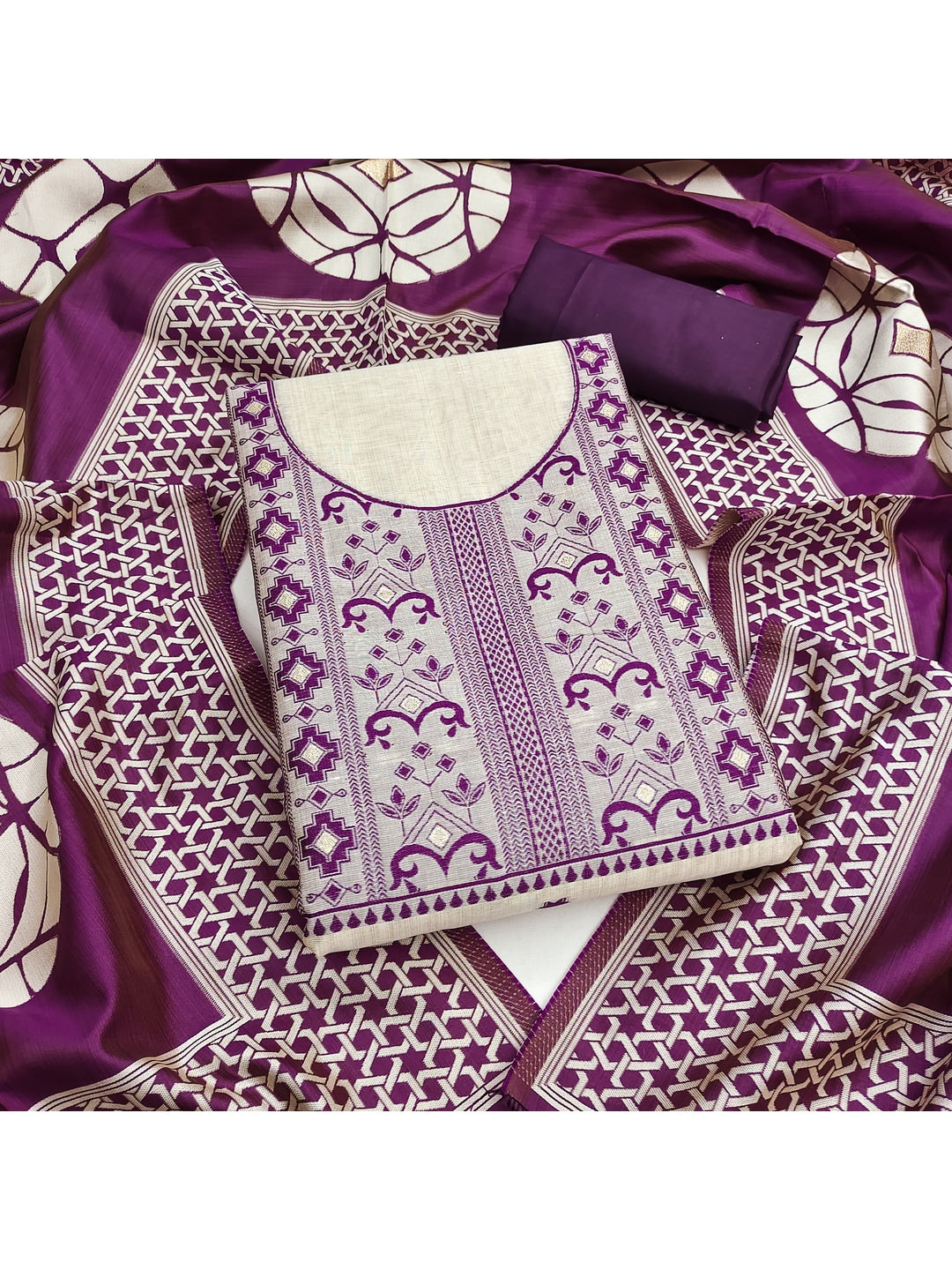 Peachmode Purple Cotton Dress Material with Geometric - Image 4