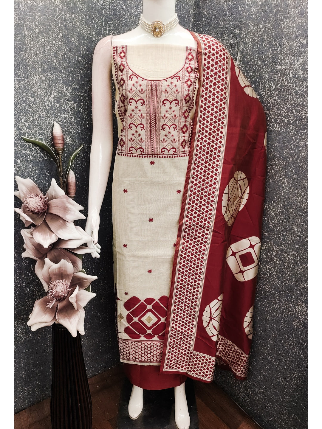 Peachmode Red Cotton Dress Material with Geometric - Image 2