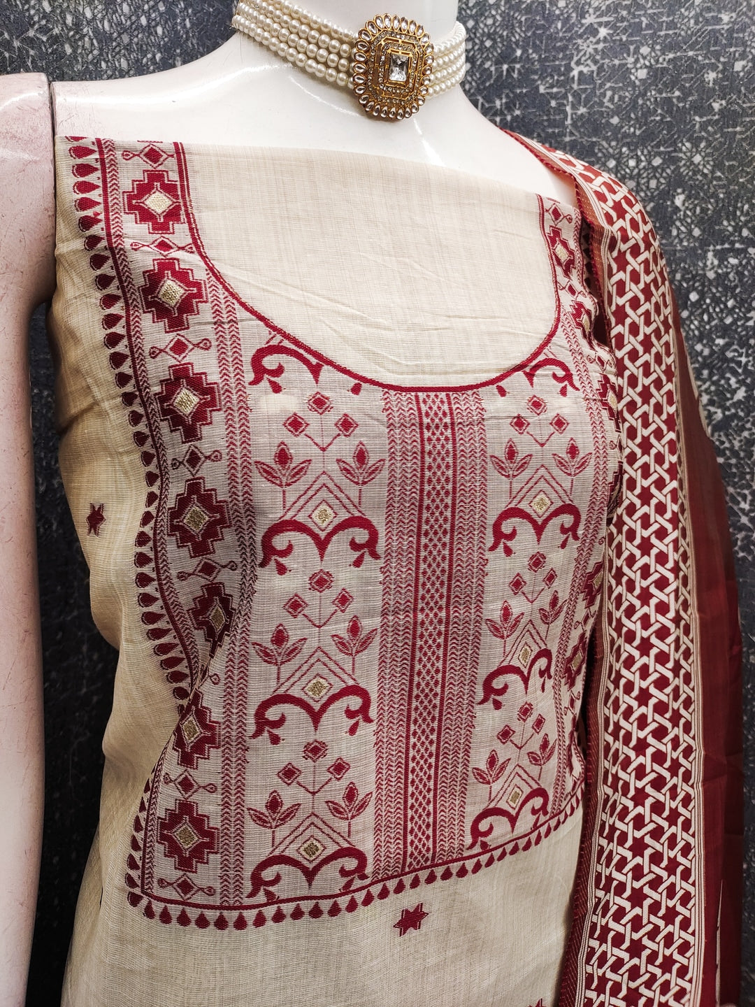 Peachmode Red Cotton Dress Material with Geometric - Image 3