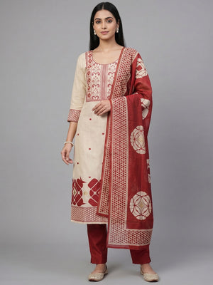 Peachmode Red Cotton Dress Material with Geometric - Image 1