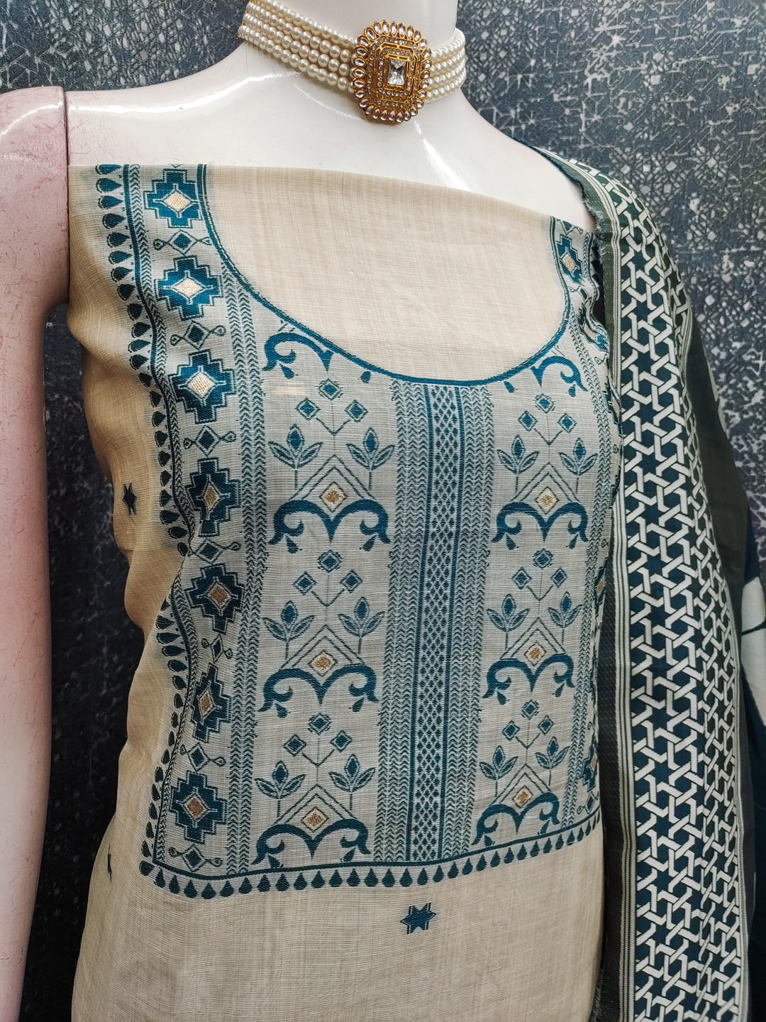 Peachmode Teal Cotton Dress Material with Geometric - Image 3