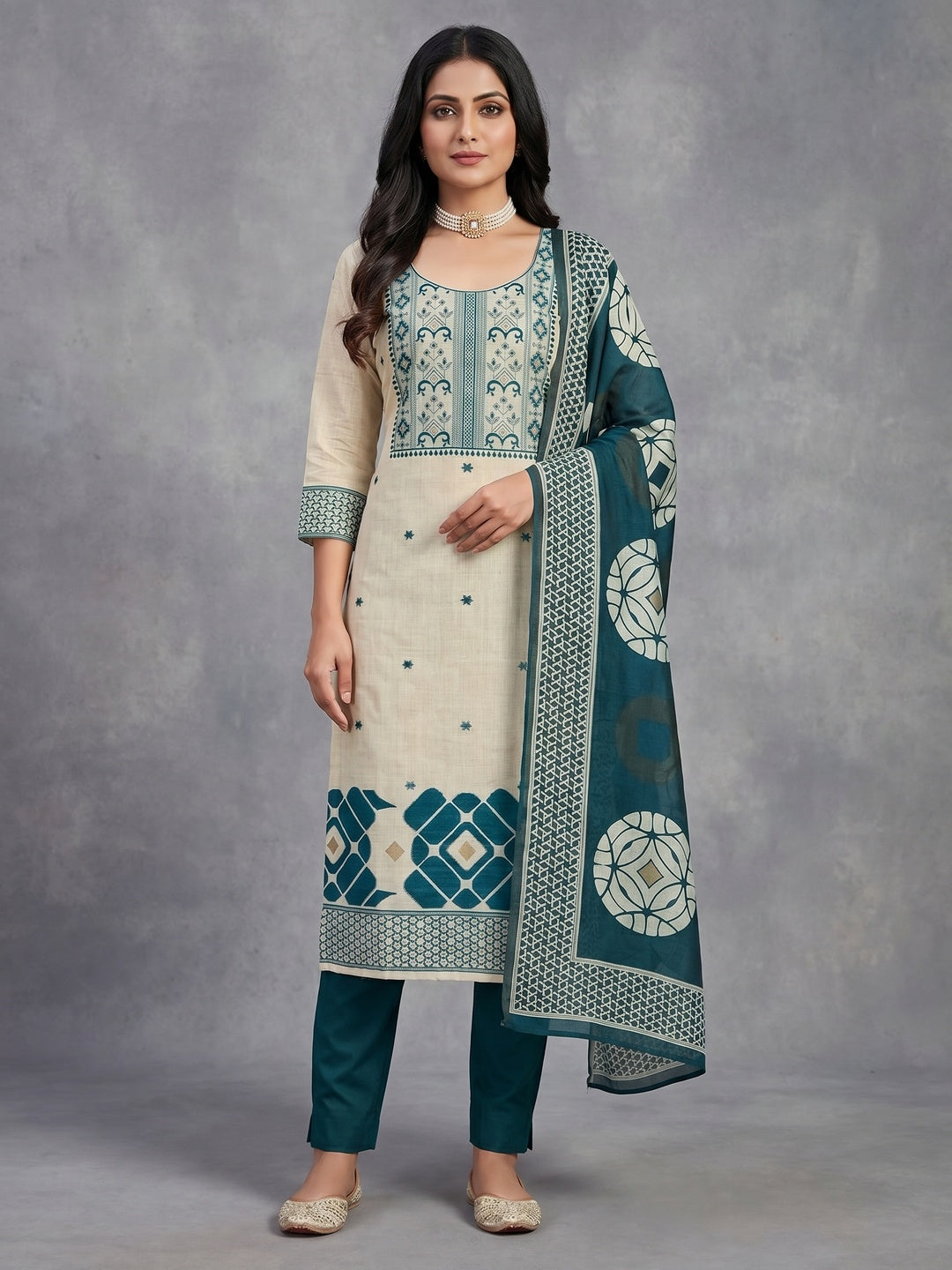 Peachmode Teal Cotton Dress Material with Geometric - Image 1