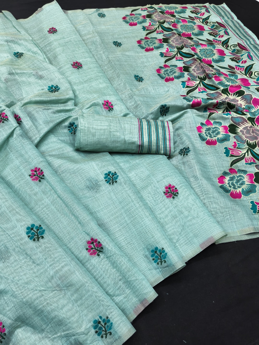 Peachmode Aqua Jamdani Cotton Saree - Image 2