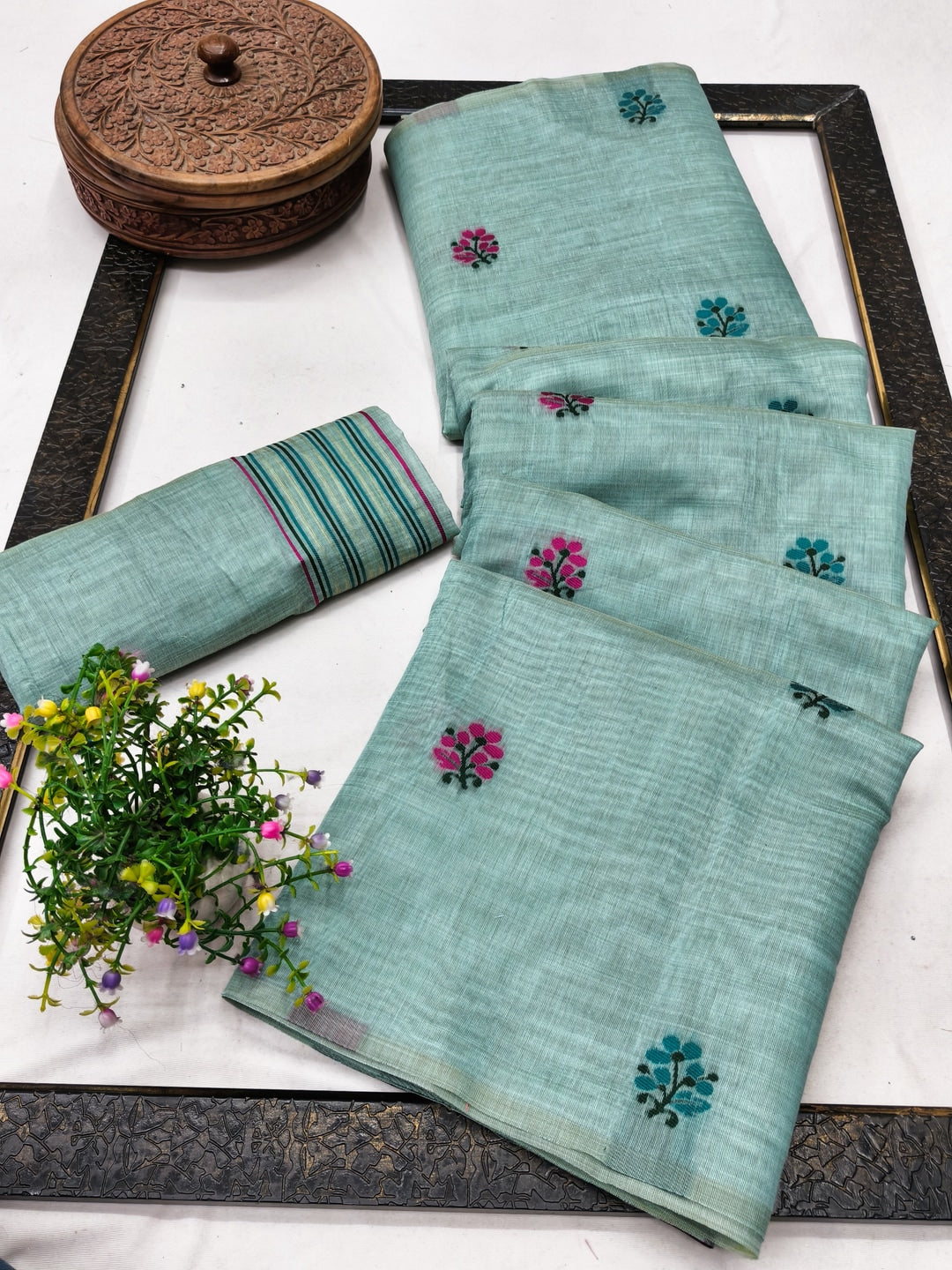Peachmode Aqua Jamdani Cotton Saree - Image 3
