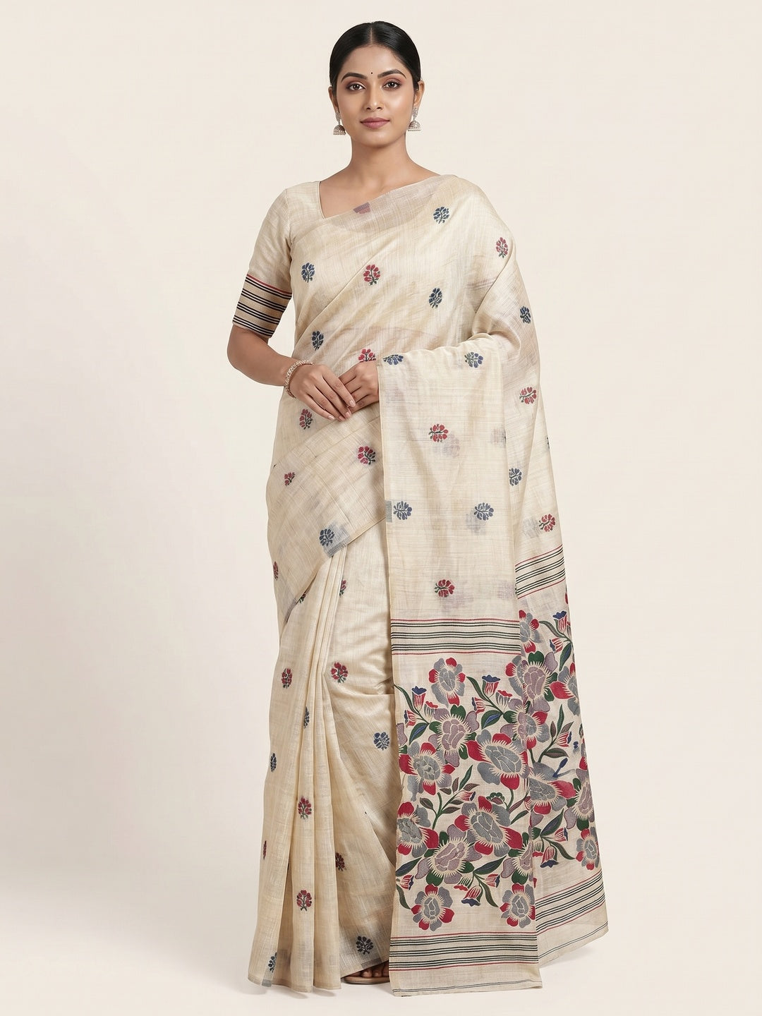 Peachmode Cream Jamdani Cotton Saree - Image 1