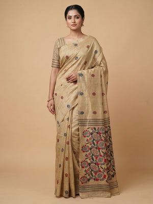 Peachmode Beige Jamdani Cotton Saree - Image 1