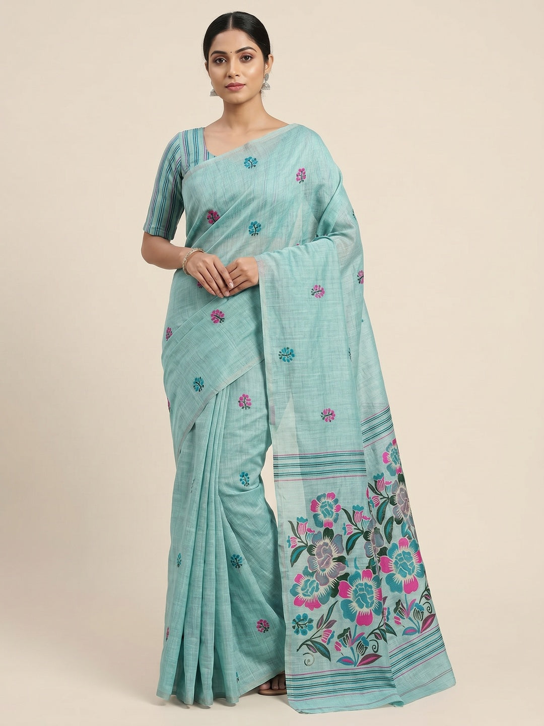 Peachmode Aqua Jamdani Cotton Saree - Image 1