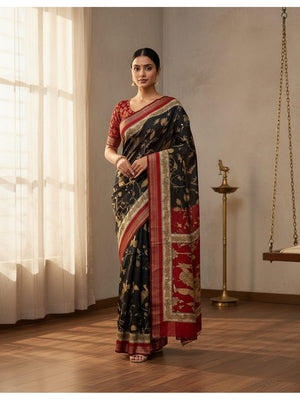 Peachmode Black Mangalagiri Silk Saree - Design A - Image 1