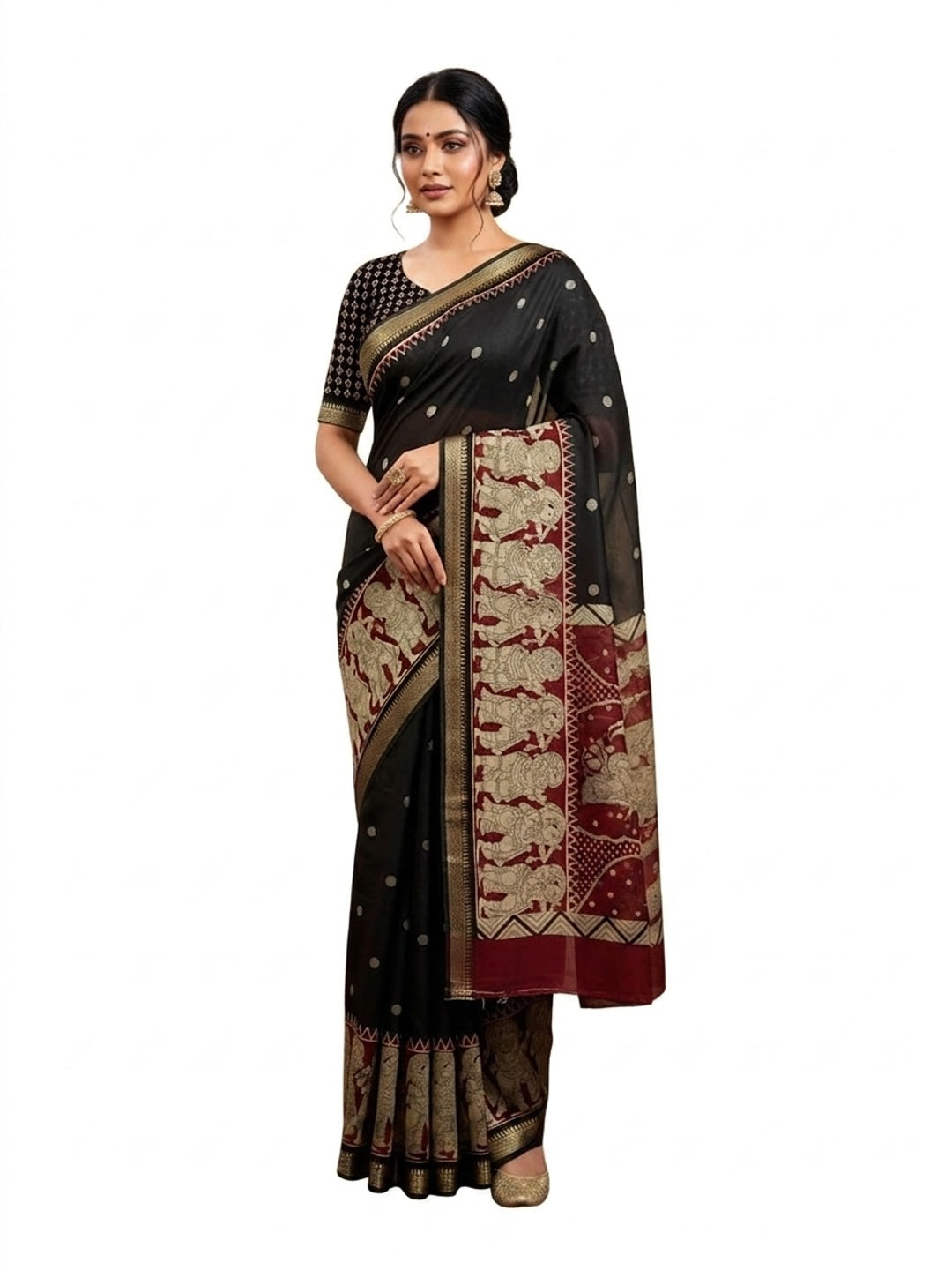 Peachmode Black Mangalagiri Silk Saree - Design B - Image 2