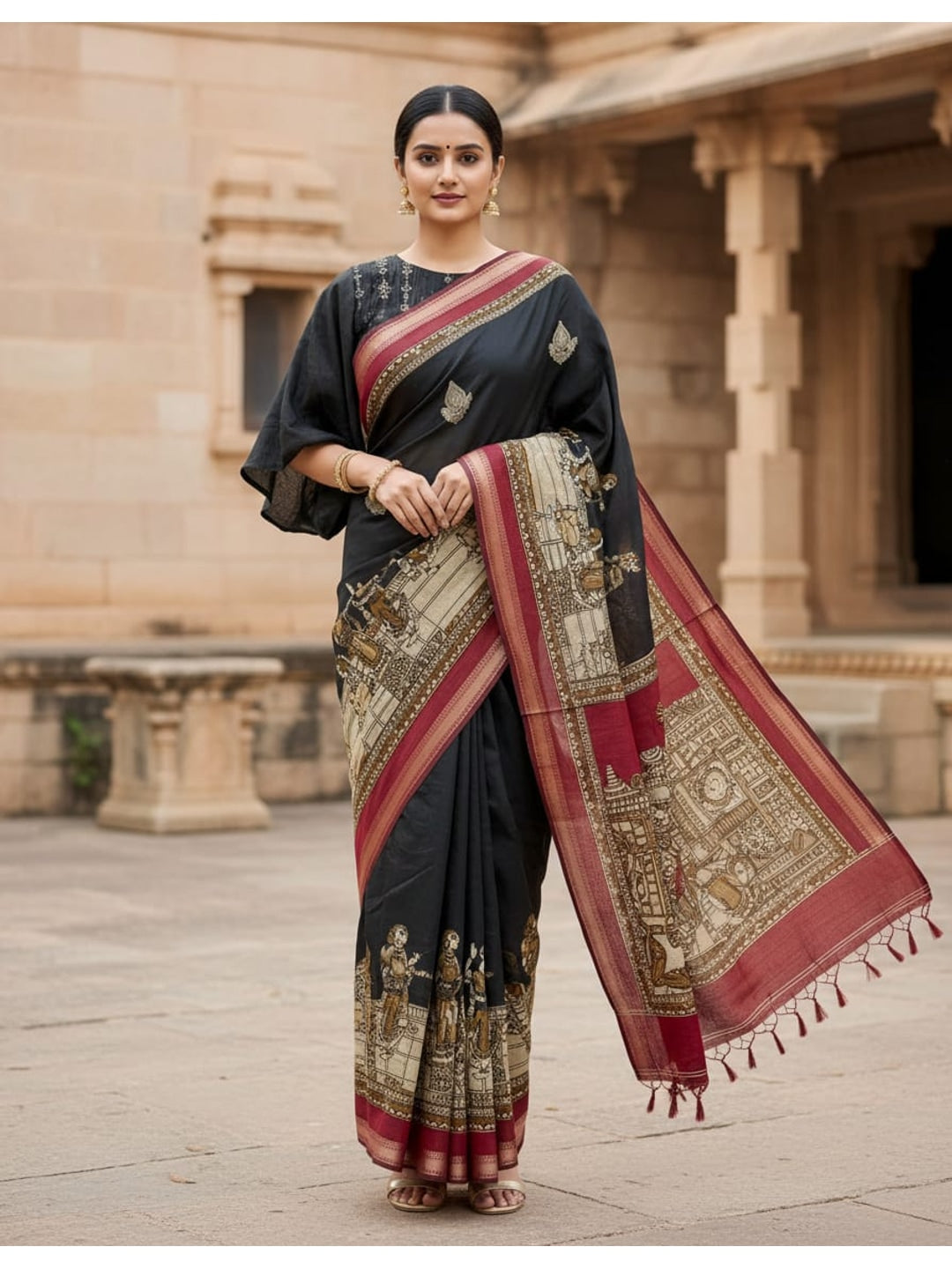 Peachmode Black Mangalagiri Silk Saree - Design C - Image 1