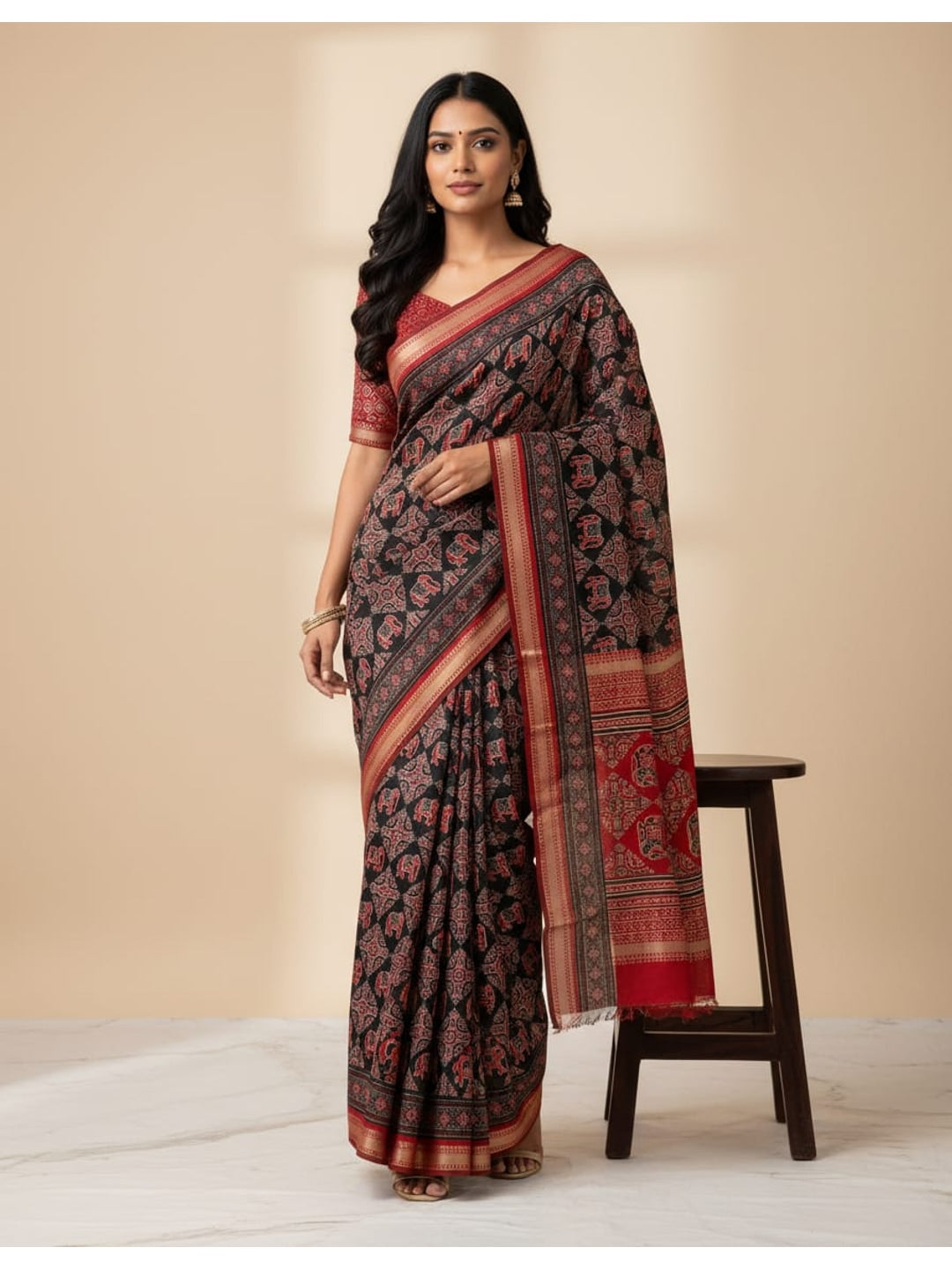 Peachmode Black Mangalagiri Silk Saree - Design D - Image 1