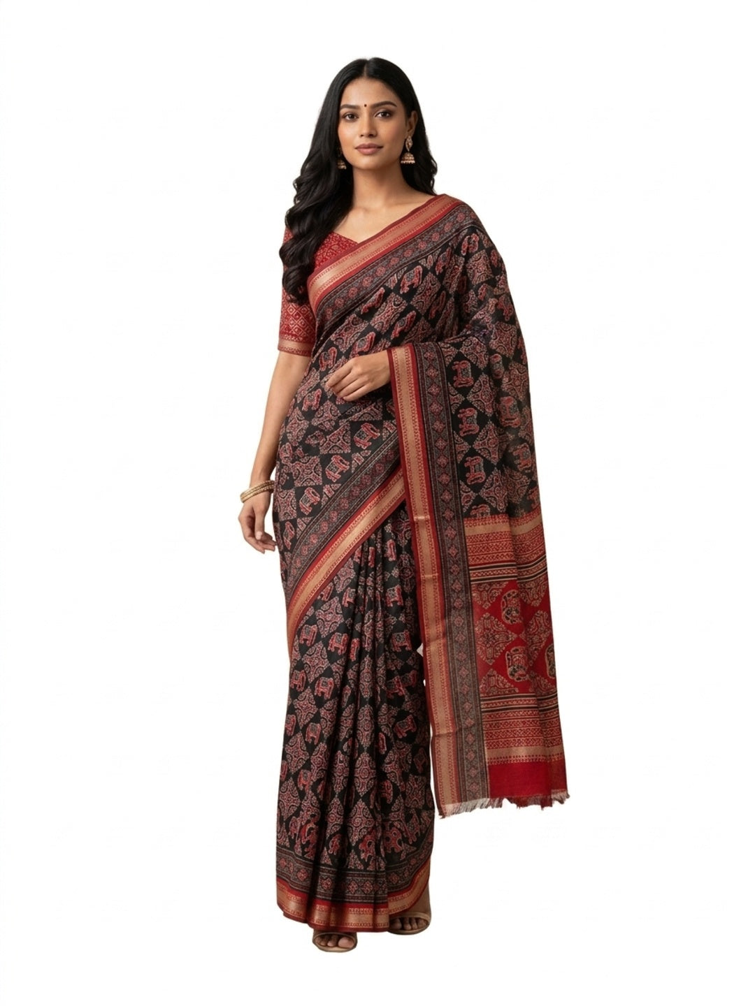 Peachmode Black Mangalagiri Silk Saree - Design D - Image 3