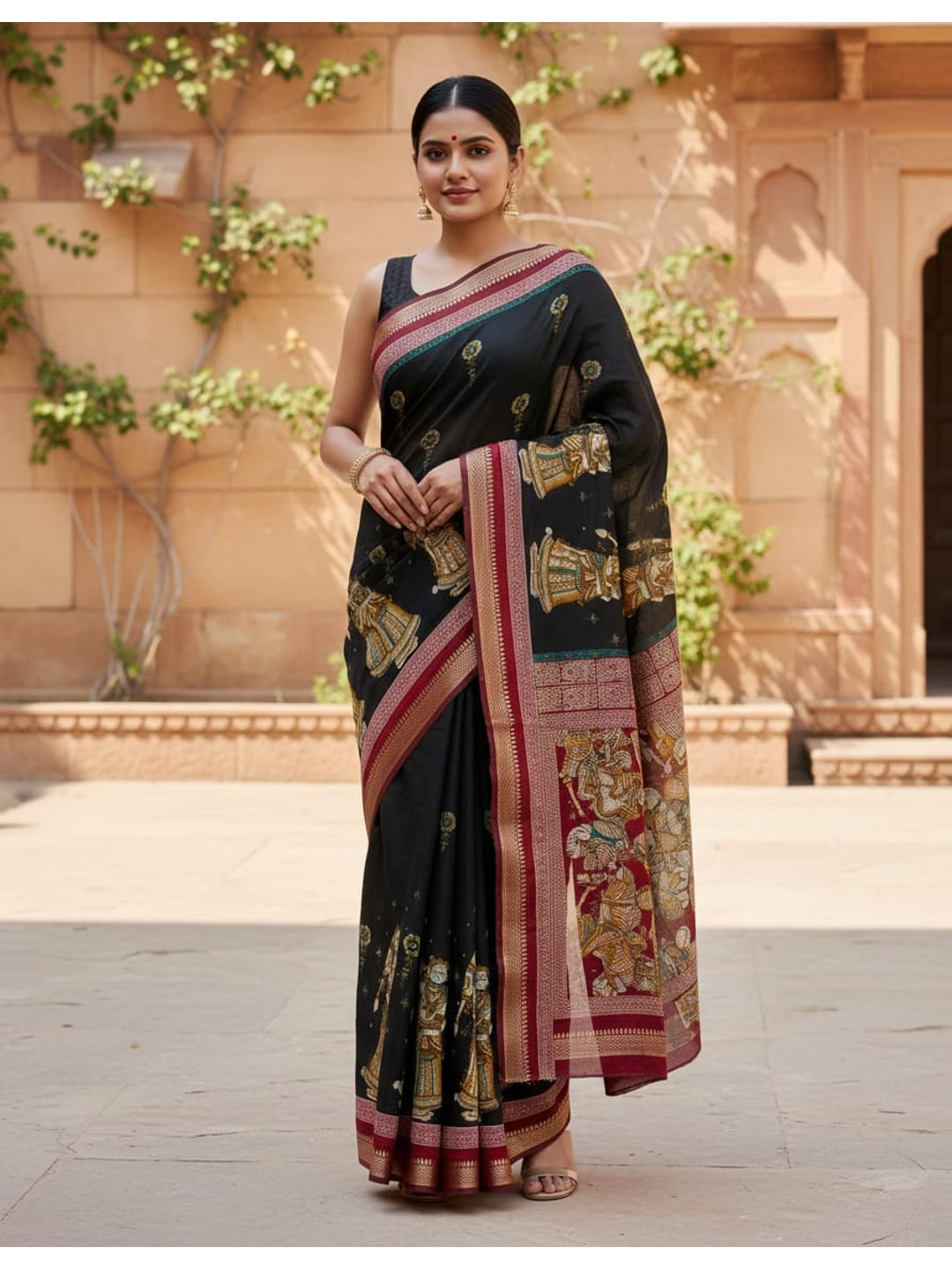 Peachmode Black Mangalagiri Silk Saree - Design E - Image 1