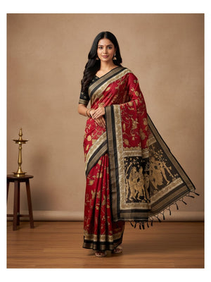 Peachmode Red Mangalagiri Silk Saree - Design A - Image 1