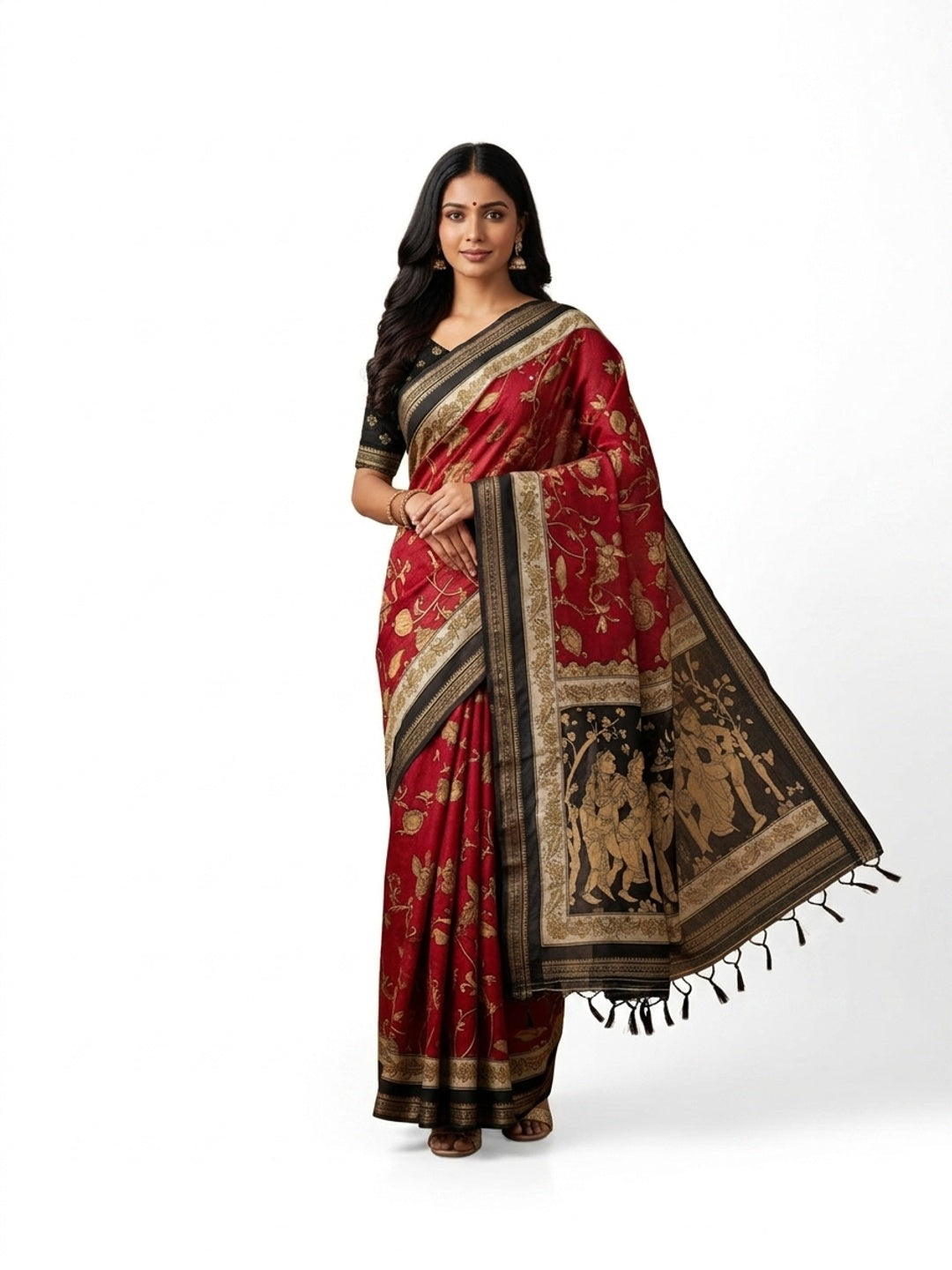 Peachmode Red Mangalagiri Silk Saree - Design A - Image 3