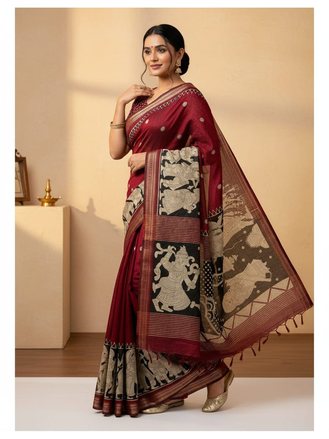 Peachmode Red Mangalagiri Silk Saree - Design B - Image 1