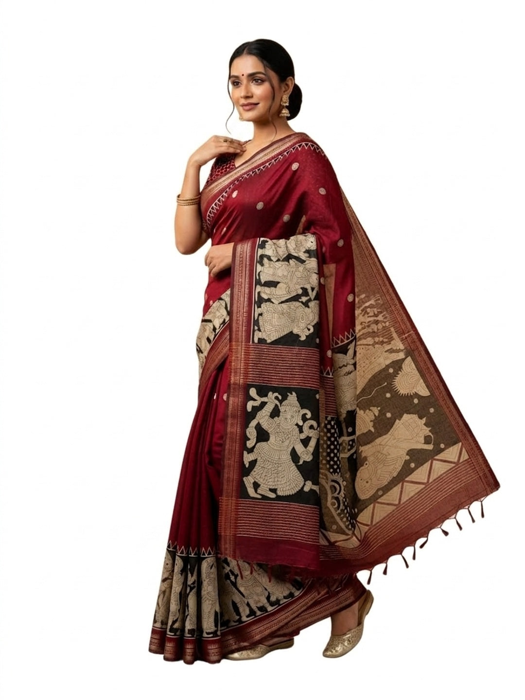 Peachmode Red Mangalagiri Silk Saree - Design B - Image 2