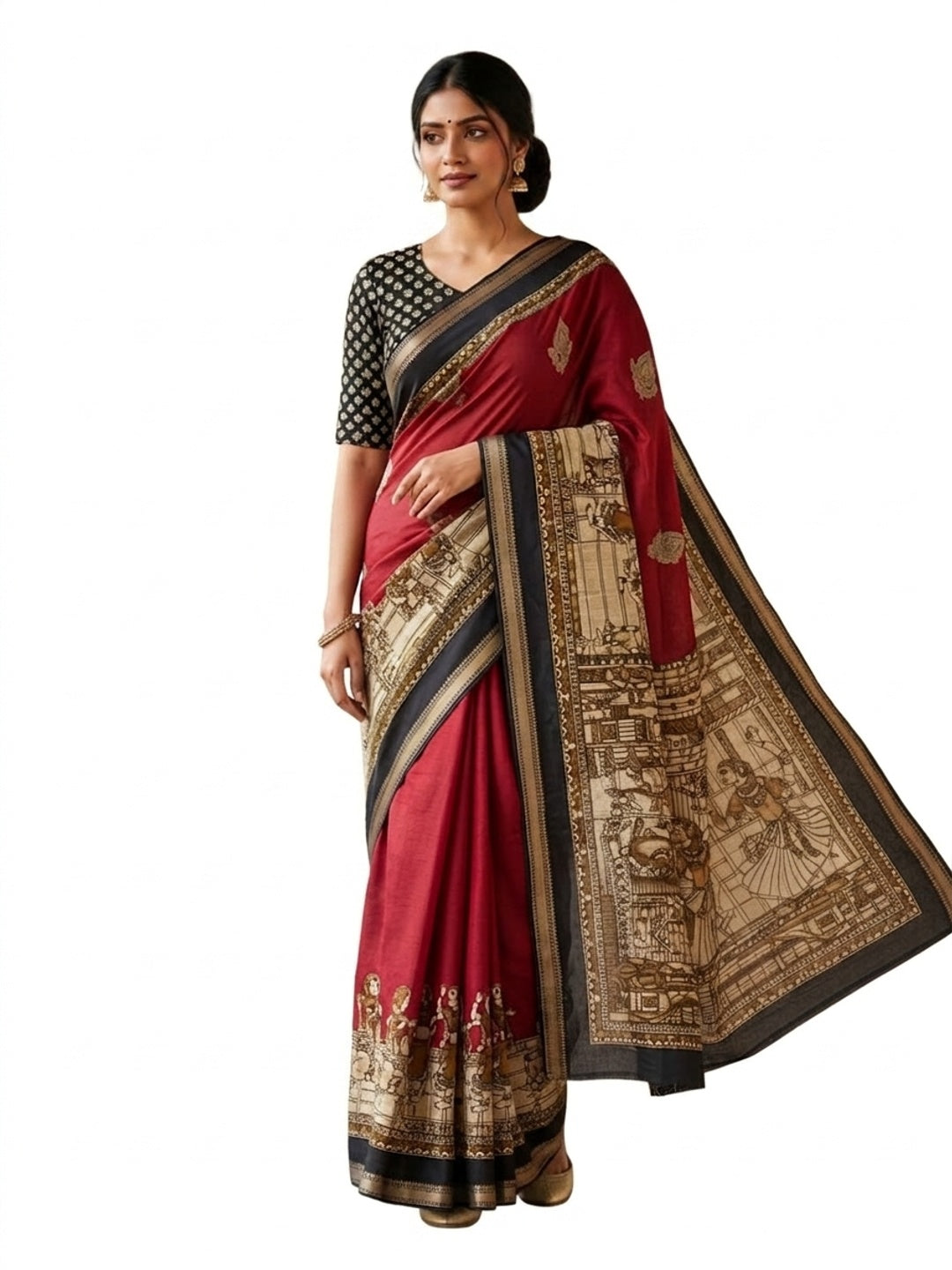 Peachmode Red Mangalagiri Silk Saree - Design C - Image 2