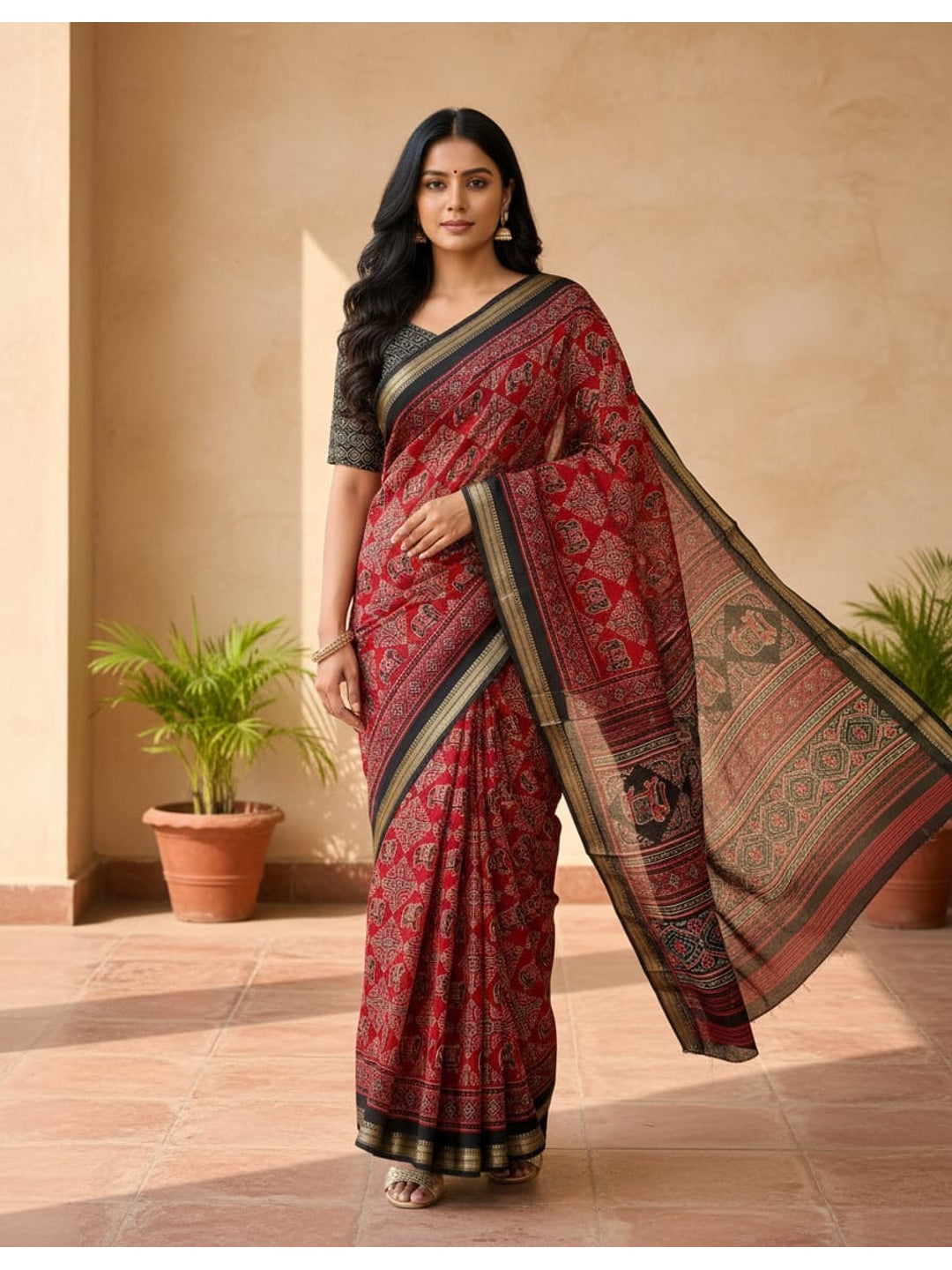 Peachmode Red Mangalagiri Silk Saree - Design D - Image 1