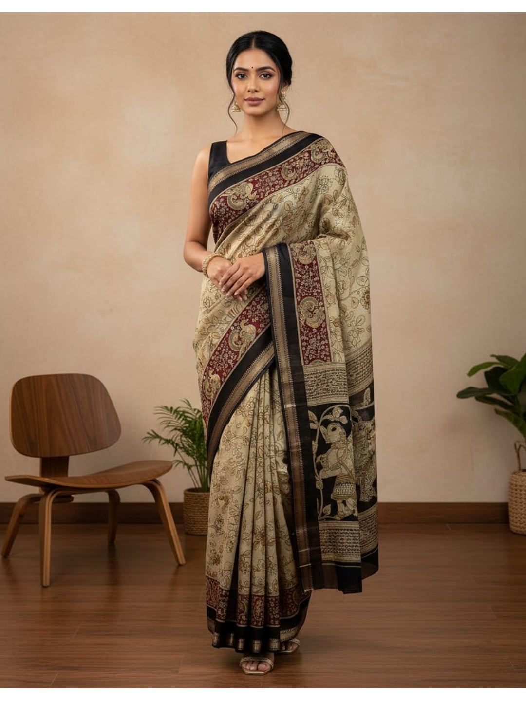 Peachmode Beige Mangalagiri Silk Saree with Black Border - Image 1