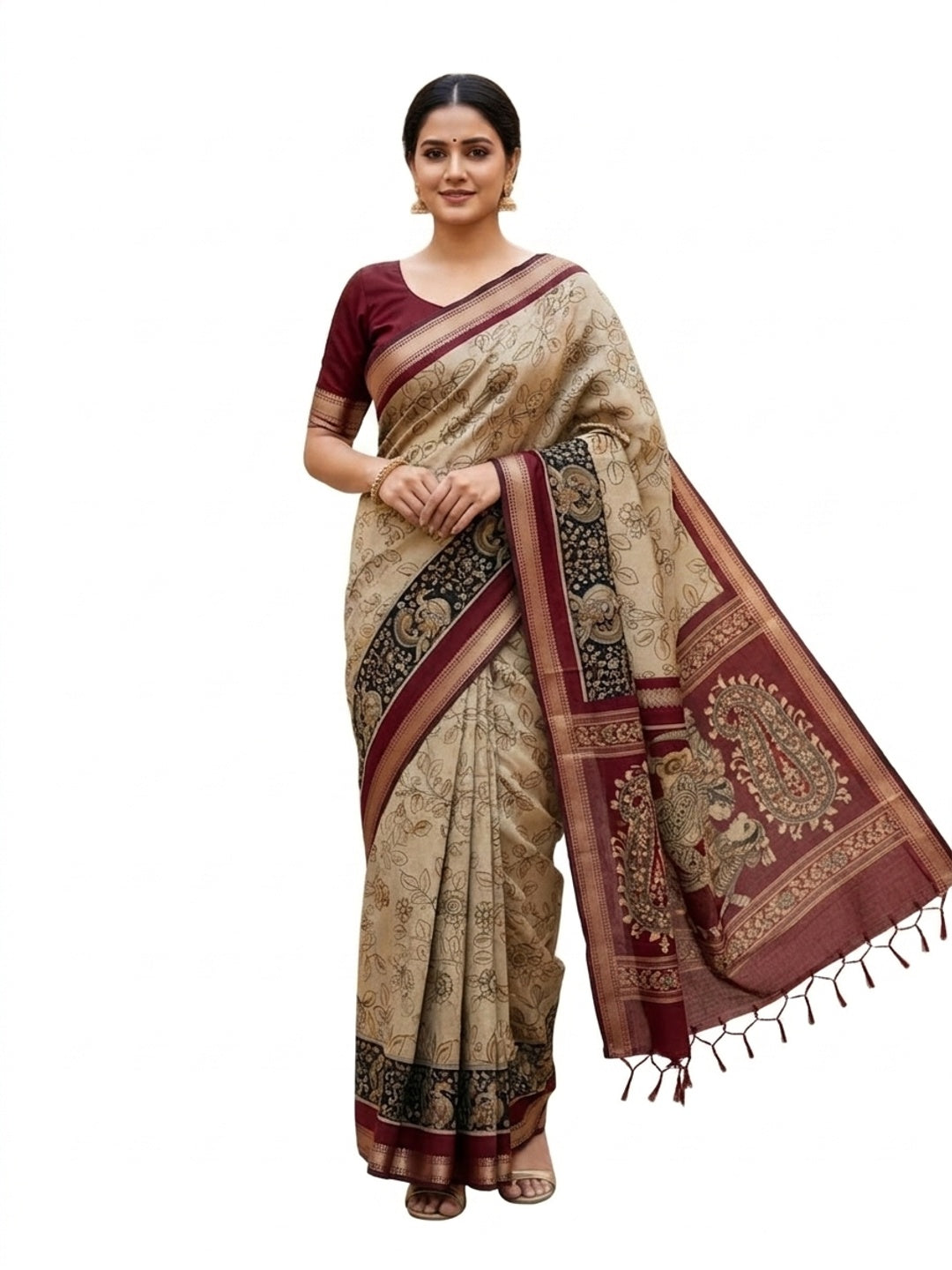 Peachmode Beige Mangalagiri Silk Saree with Red Border - Image 3