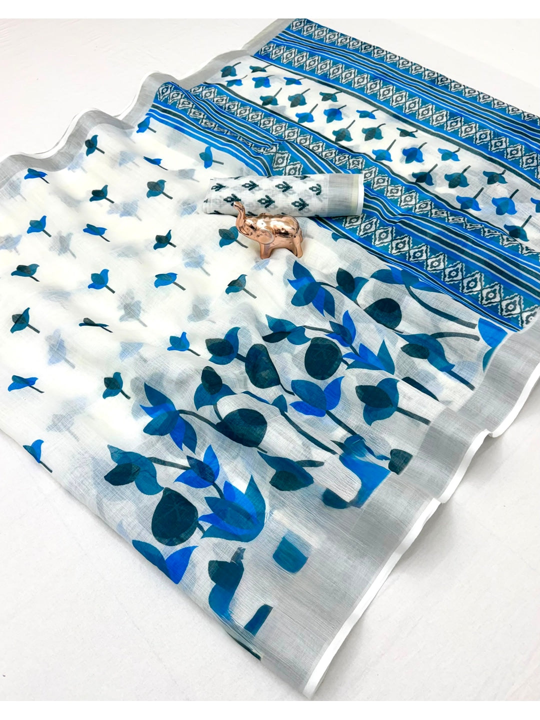 Peachmode White Blue Soft Linen Saree - Lisa Linen - Image 2