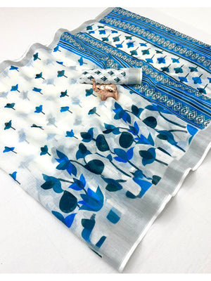 Peachmode White Blue Soft Linen Saree - Lisa Linen - Image 2