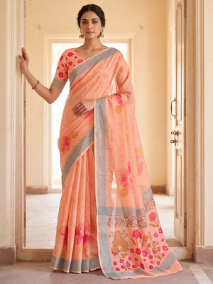 Peachmode Peach Soft Linen Saree - Lisa Linen - Image 1
