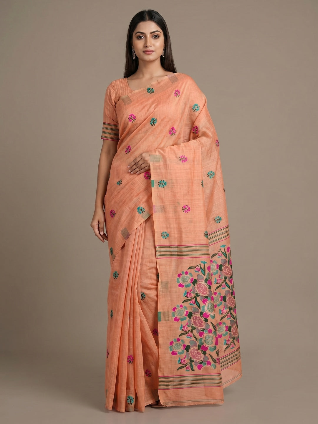 Peachmode Peach Jamdani Cotton Saree - Image 1